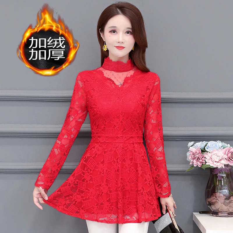 

Vintage Lace Shirt Women Winter Warm Velvet Basic Wear Office Lady Elegant Sheer Mesh Hollow Out Crochet Peplum Tops Blouses