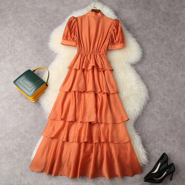 

Europe and the United States women's clothing New Summer 2021 short sleeves collar Fashionable pink cascading flounce dress