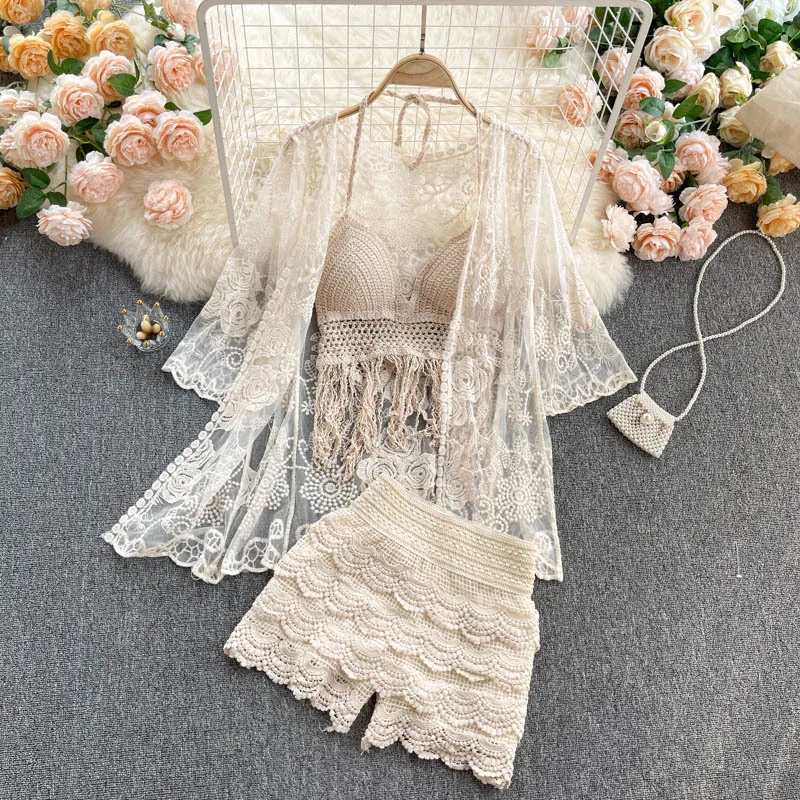 

3 Piece Clothing Set Women Summer Sexy Lace Hollow Crochet Camisole Women's High Waist Shorts Three-piece Sets Vacation Style