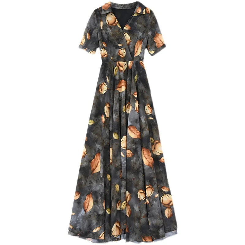 

Women's Summer new Korean version of temperament V collar waist thin medium and long dress yang gas age-reducing chiffon dress