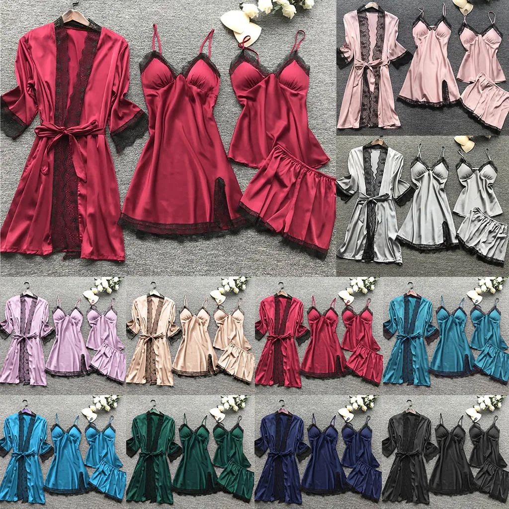 Комплект пижамный Женский из 4 предметов атласный на тонких бретелях с кружевами