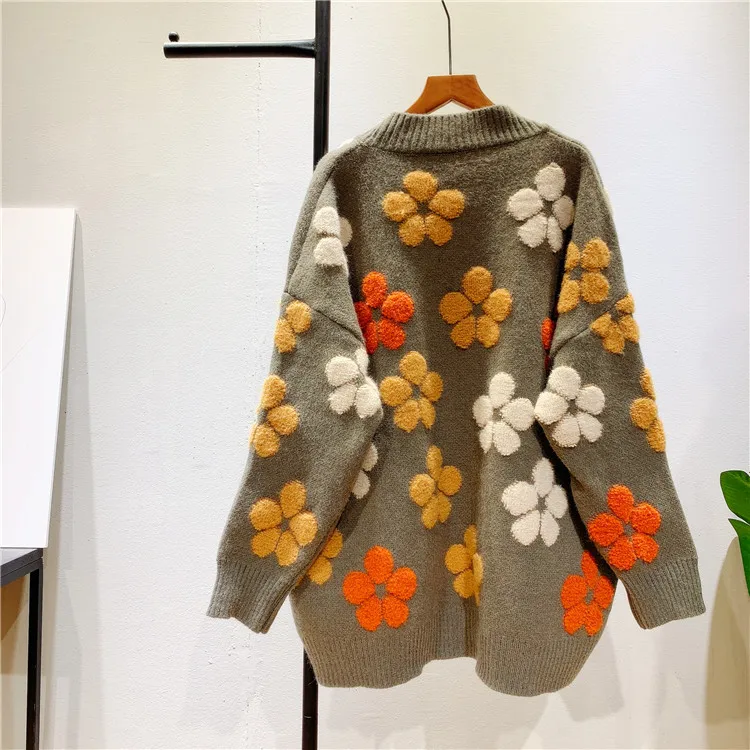 Женский осенний свитер с V-образным вырезом пальто цветочным принтом женский