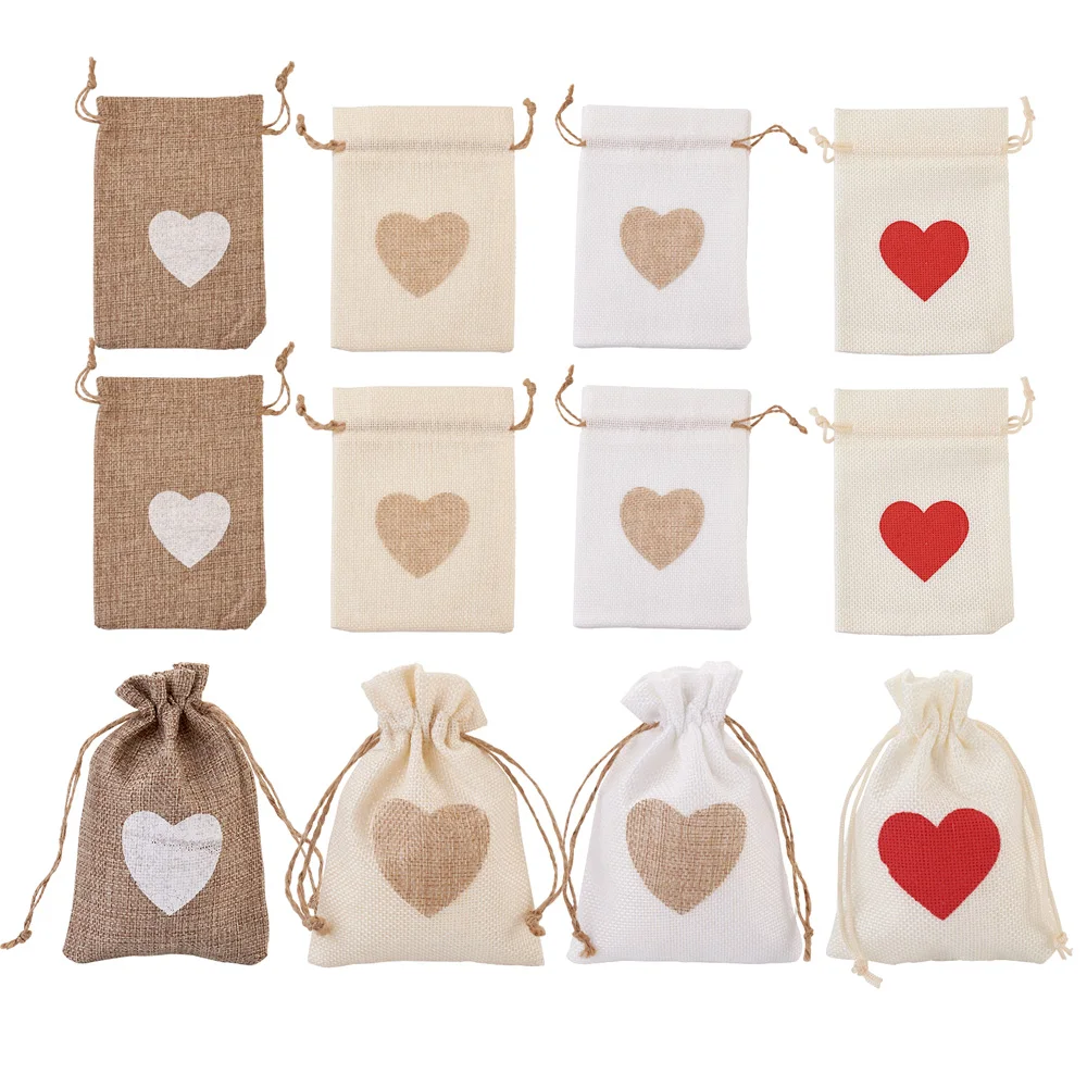 24pcs 14x10cm Burlap Packing Pouches Drawstring Bags Gift Bag Candy Wedding Party Valentine's day Favor Pouch Packaging Storage