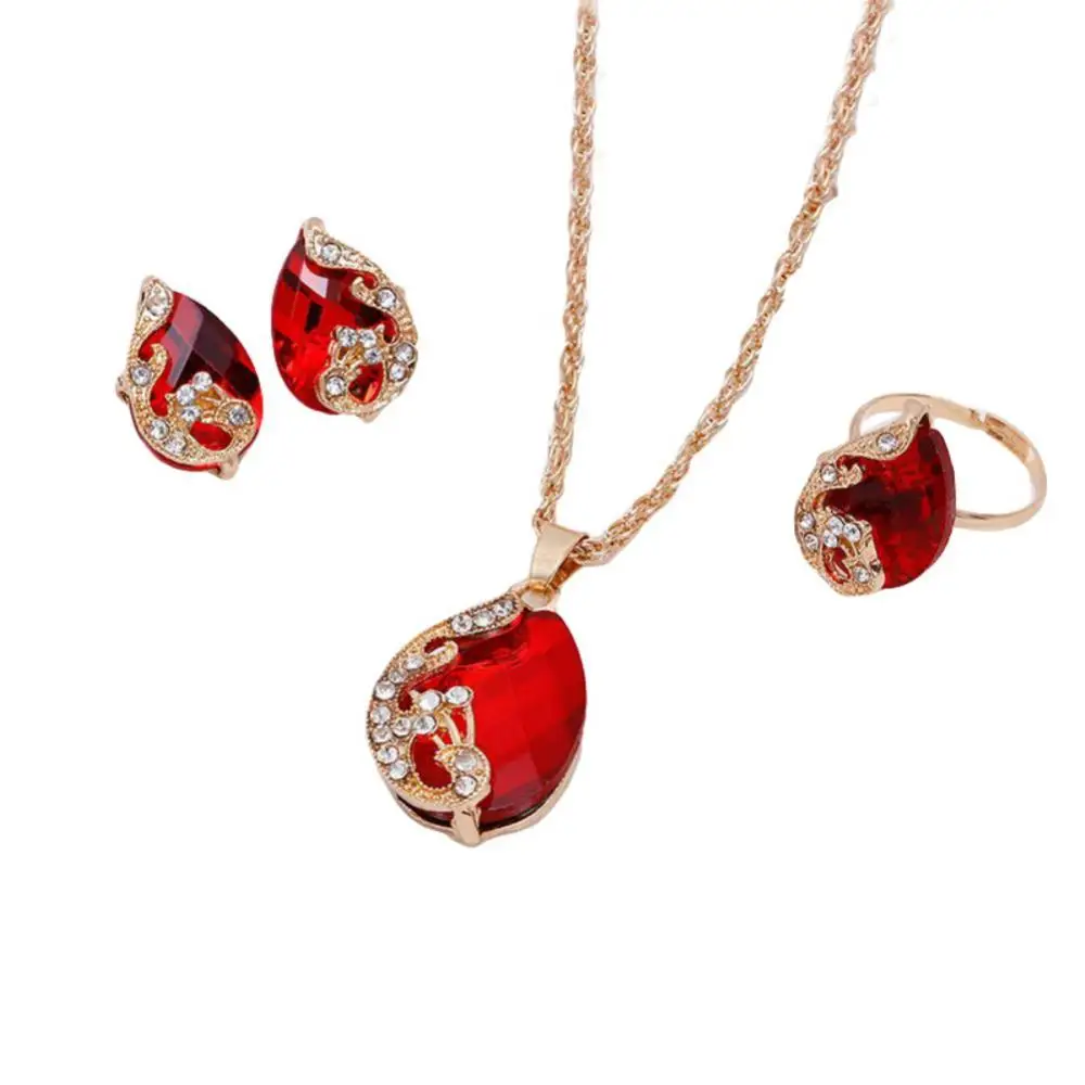 

Women Rhinestone Peacock Water Drop Pendant Necklace Earrings Ring Jewelry Set