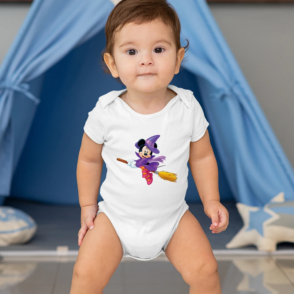 

2021 Newborn Romper Minnie Mouse Ride Magic Brooms Happy Halloween Baby Girl Clothes Fashion European Toddler Girl Bodysuit