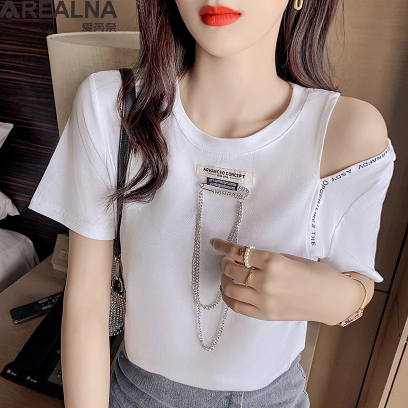 

Chic Design Chain Cotton T Shirt Women 2021 Summer Stitch Letter Short Sleeve Woman White Black Top Tee Shirt Camisetas De Mujer