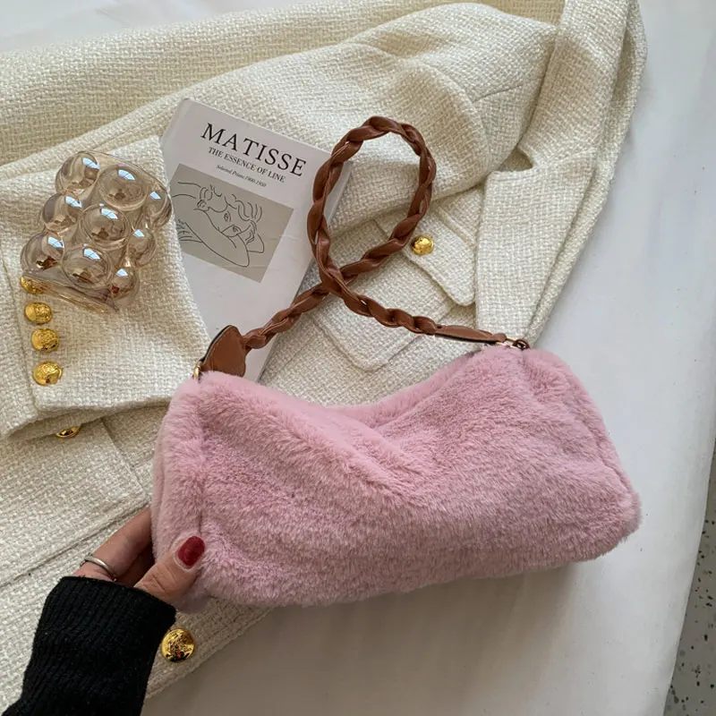 

Зимние Модные однотонные сумки для женщин, плюшевая дизайнерская женская сумка через плечо, простая стильная квадратная женская сумка чере...