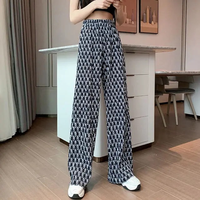 

High waist thousand bird grid dyed ice cool wide leg women's loose and drooping in spring and summer