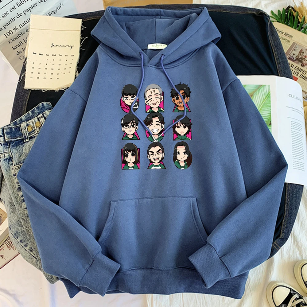 

Мужские толстовки с капюшоном с рисунком из мультфильма игра кальмар, повседневный флисовый женский свитер с круглым вырезом в Корейском с...