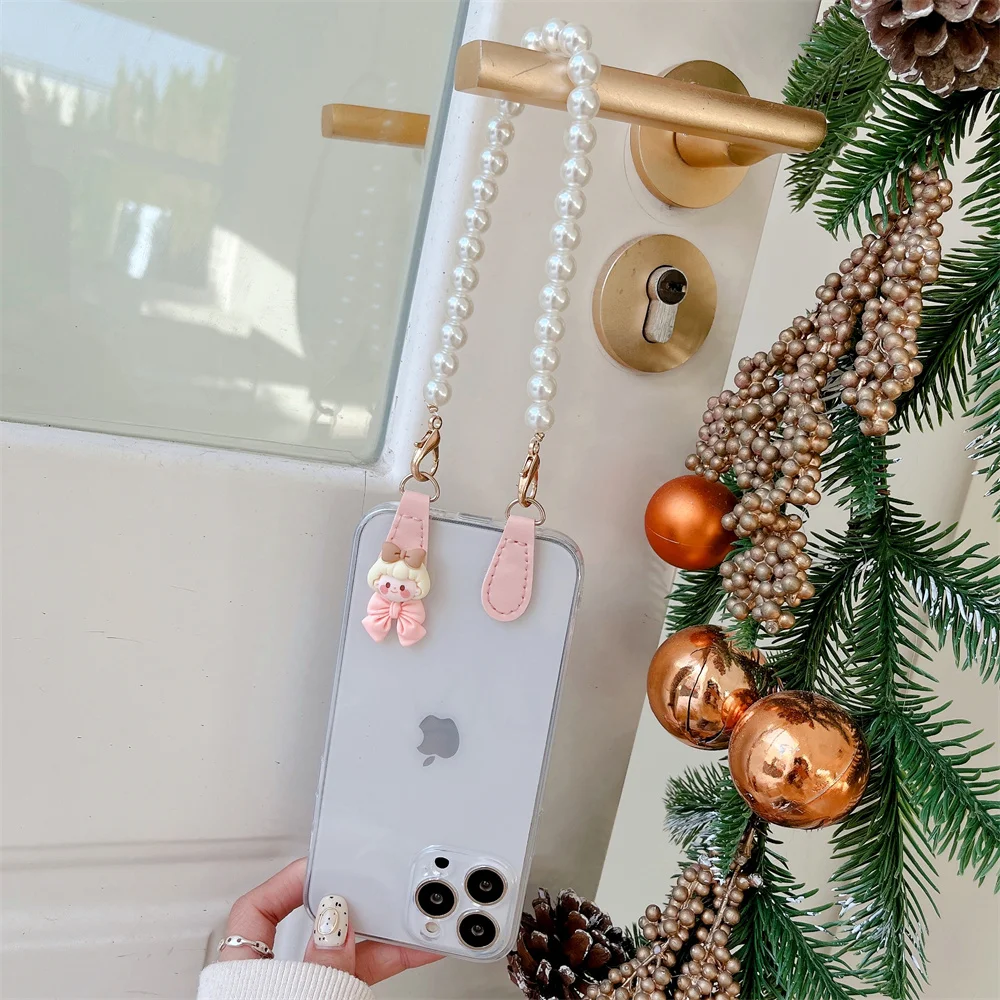 

For iphone iPhone 11 12 13 Pro Max XR X XS 7 8 plus Cover Korean Pearl Bracelets Chain Case with Lanyard Aesthetic Luxury Case