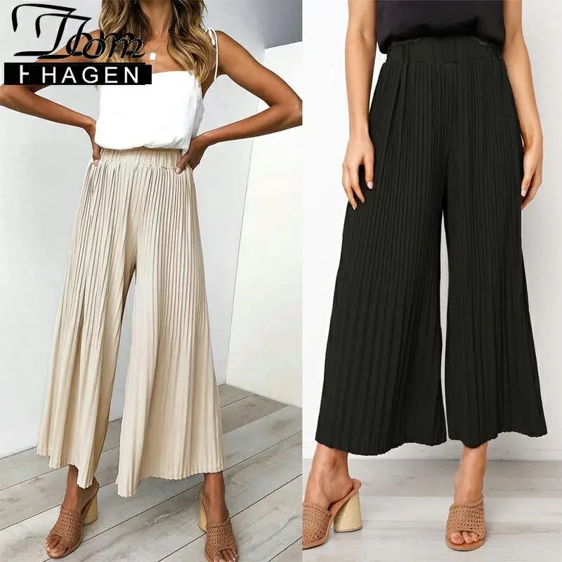 Брюки женские черные с завышенной талией плиссированные штаны широкими