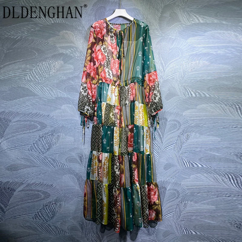 

DLDENGHAN Fashion Runway Designer Autumn Chiffon Long Dress Women O-Neck Lantern Sleeve Flower Print Bohemian Dresses
