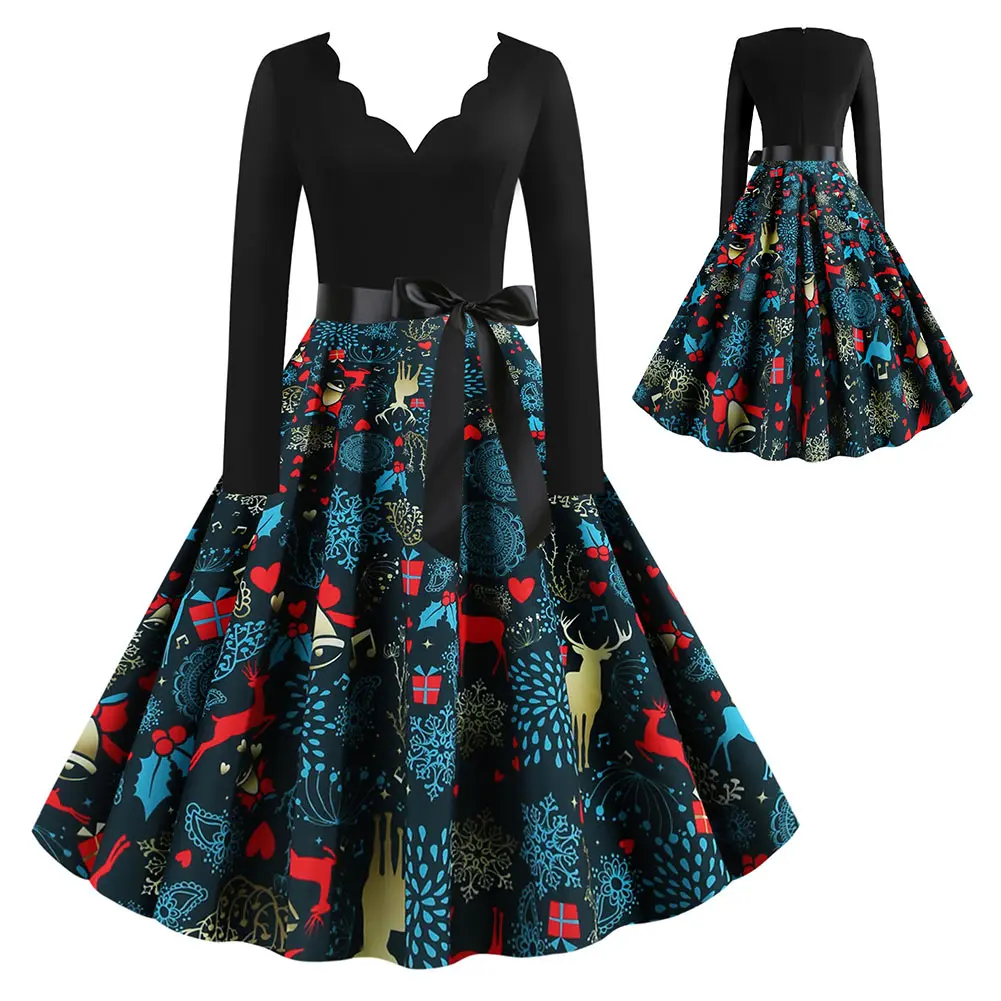 Женское винтажное вечернее платье черное с длинным рукавом и широким подолом для