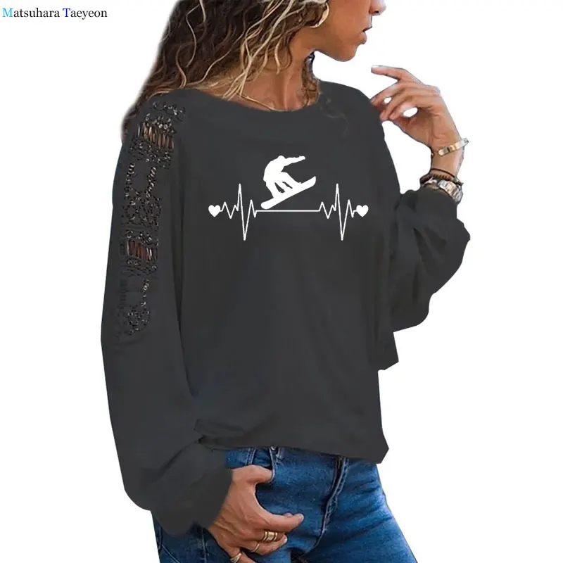 

Fashion Snowboard Heartbeat Lifeline Print Funny Woman T-shirt Loose Female tshirts Long sleeve Top For girls winter clothes