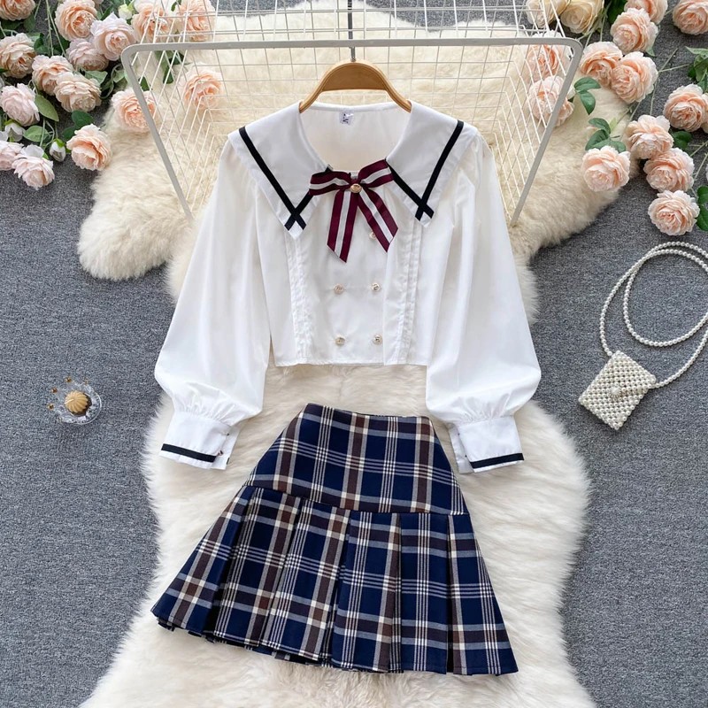 

New Student Girl Japanese Style School Uniform Girls Navy Costume Women Sexy JK Suit Sailor Puff Sleeve Blouse Pleated Skirt Set