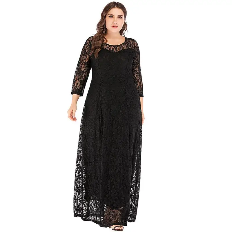 Кружевное платье длиной до пола 5xl 6xl, большие размеры, Женское зимнее платье, элегантное вечернее винтажное Длинное Макси платье, большие размеры, vestidos - Цвет: black