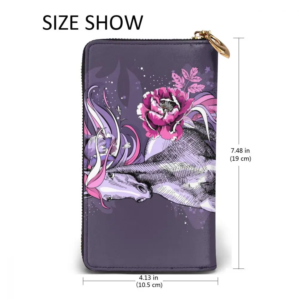 

Long Clutch Wallet Purple Unicorn With Floral Pattern Large Capacity Leather Purse Zipper Pocket Card Holder for Woman Man