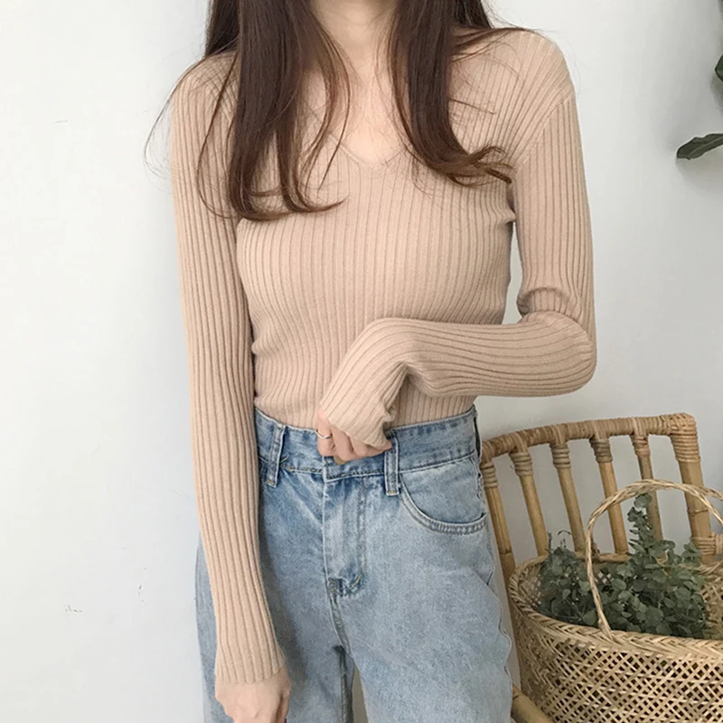 

2020 Basic v-neck Solid Autumn Winter Sweater Pullover Women Female Knitted Sweater Slim Long Sleeve Bodycon Sweater Cheap