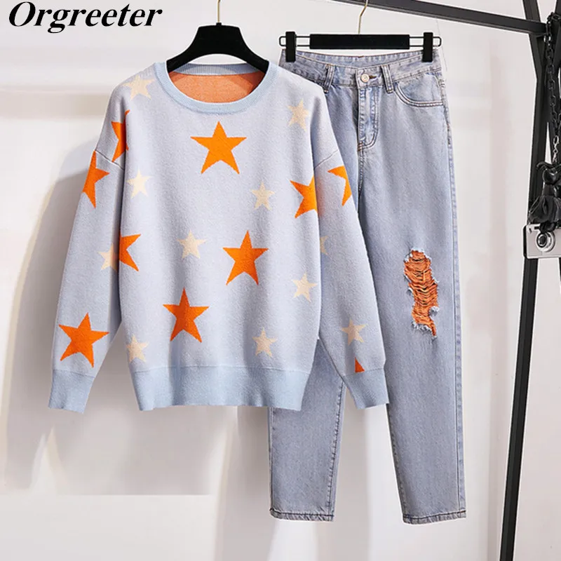 Женский комплект из свитера и джинсовых брюк жаккардовый джемпер рваные