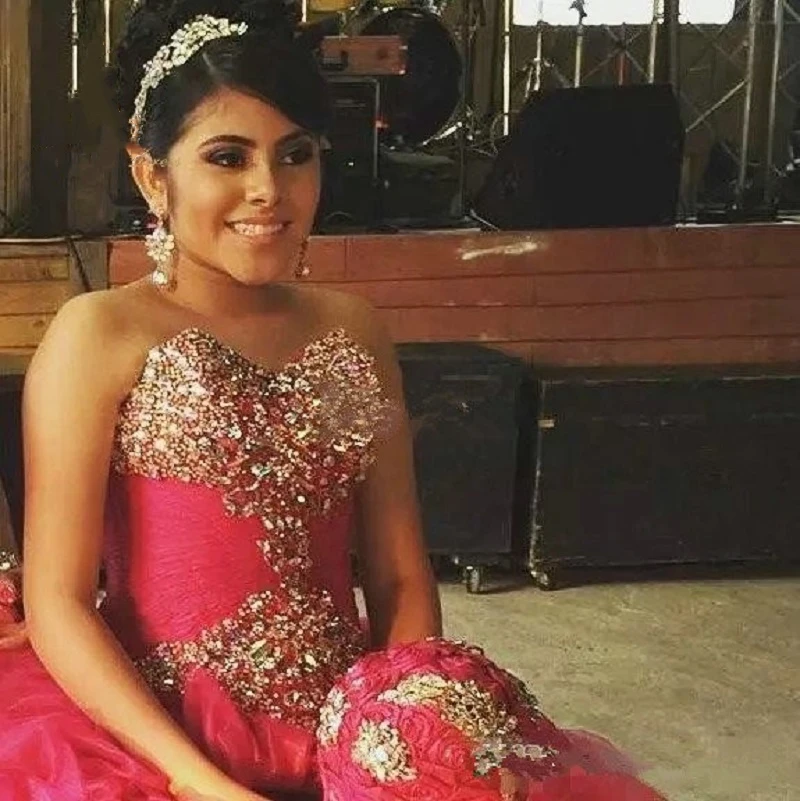 

Crystal Ball Gown Hot Gold Bubble Sweetheart Cathedral Train Pink Quinceanera Dress