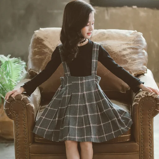 Children Clothing Girls Autumn Set Long Sleeve Shirts + Plaid Straps Dress Suits Two Piece Princess Outfits | Детская одежда и