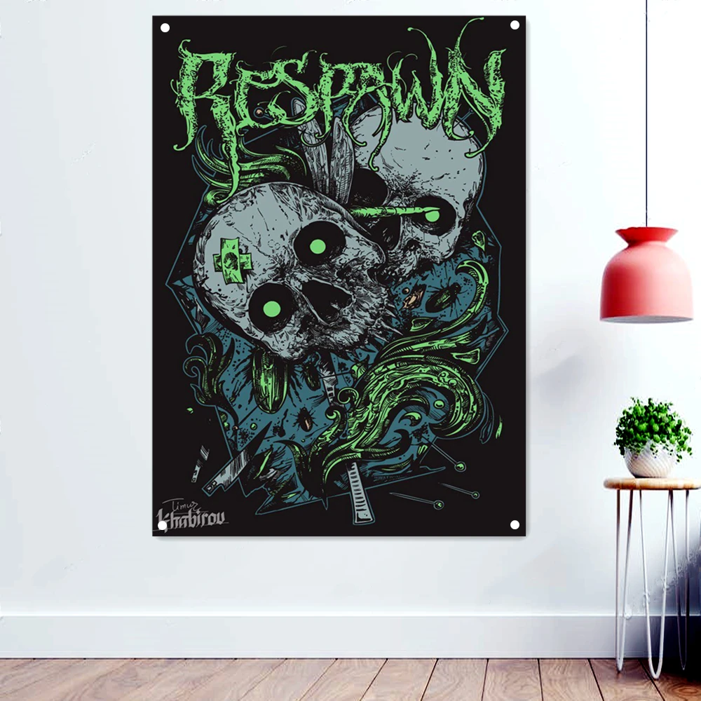 

RESPAWN Death Metal Music Artworks Banners With Four Metal Buckle Bloody Dark Art Flags Wall Chart Rock Band Posters Home Decor