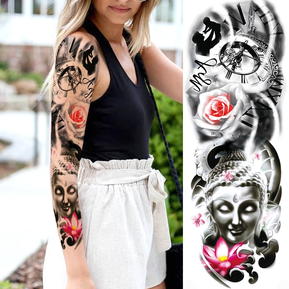 

Sexy Rose Buddha Temporary Tattoos For Men Women Body Art Full Arm Sleeve Tatoo Disposable Fake Tattoo Sticker Realistic Tatoos