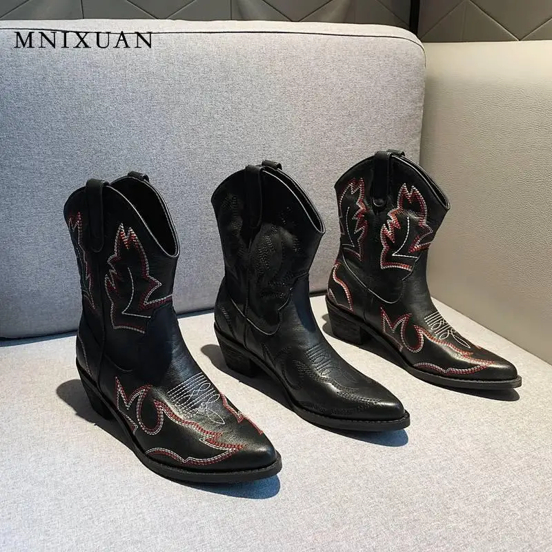 MNIXUAN Women Cowboy Boots women shoes genuine leather western punk shoes Pointed Toe High Heel Ankle Boots Black Booties
