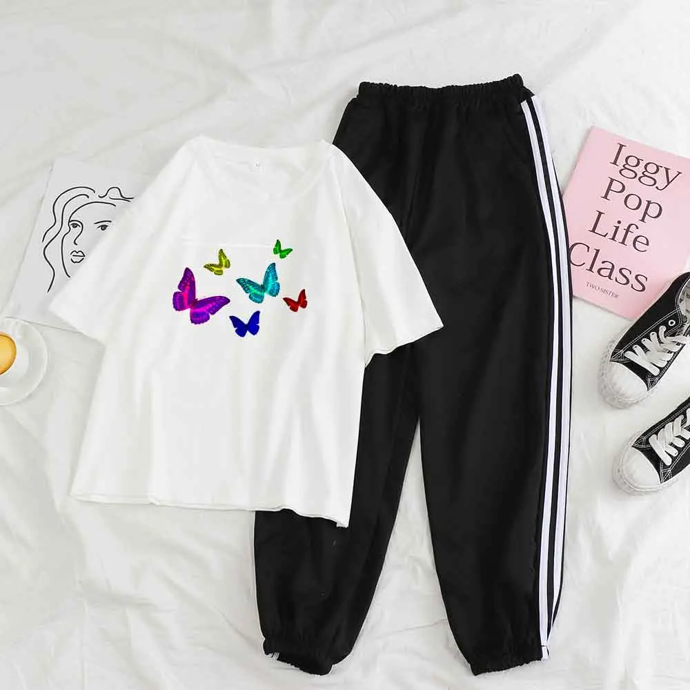 

Pant Suits for Women Striped Pants Two Piece Set Women Top and Pants Sportswear Set Female Butterfly Top Plus Size Tracksuit