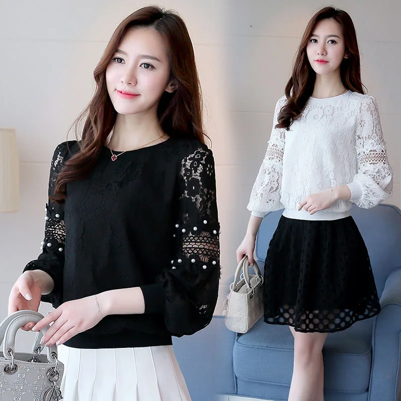 2021 Сезон весна-осень Женская длинный рукав-фонарик кружеваное блузки дамские
