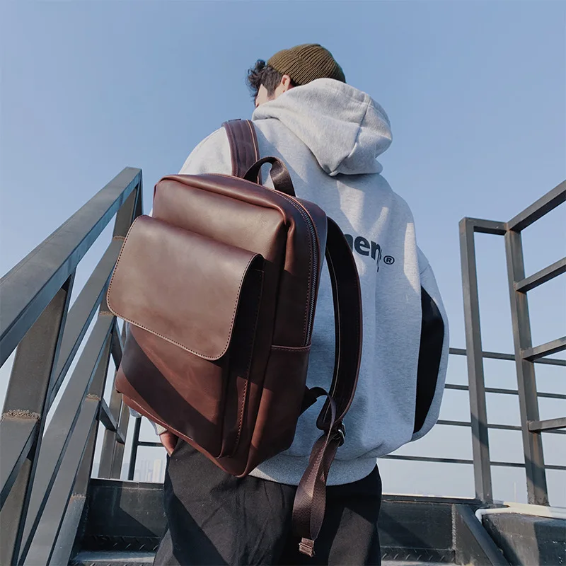 

Retro Men Backpack Crazy Horse Leather PU Large Capacity Travel Shoulder Bag College Student Laptop Daypack Mochila Feminina
