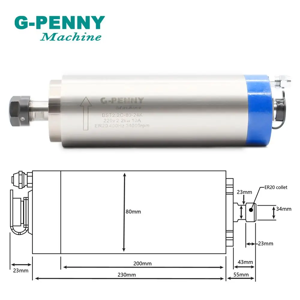 Шпиндель с водяным охлаждением электродвигатель ЧПУ 4 подшипника 80x230 мм 2 кВт VFD