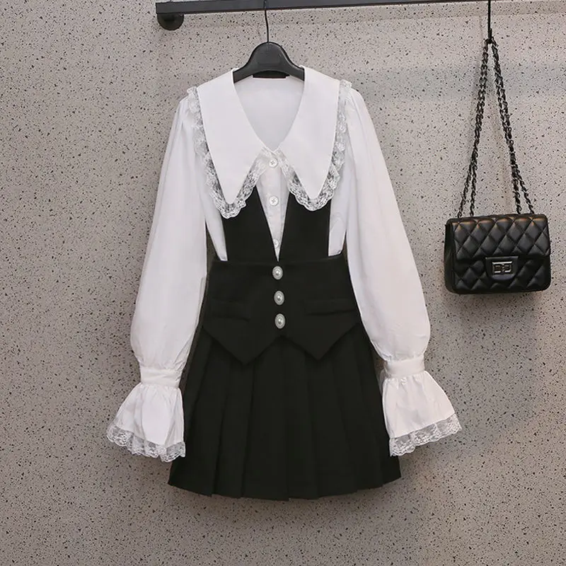 

Women Elegant Lace White Shirt Pink Suspender Skirt Two-piece Set 2021 Spring Summer Female New Fashion Pocket Dress Suits