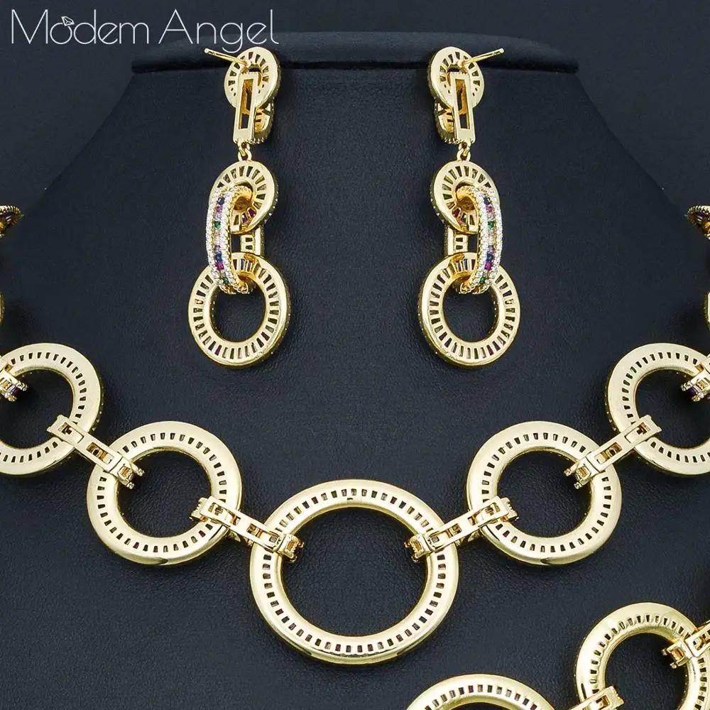 

ModemAngel Luxury Link Chain Cross Dubai Gold Jewelry Set Nigerian Wedding African Beads Bridal Jewellery Set Cubic Zircon Jewel