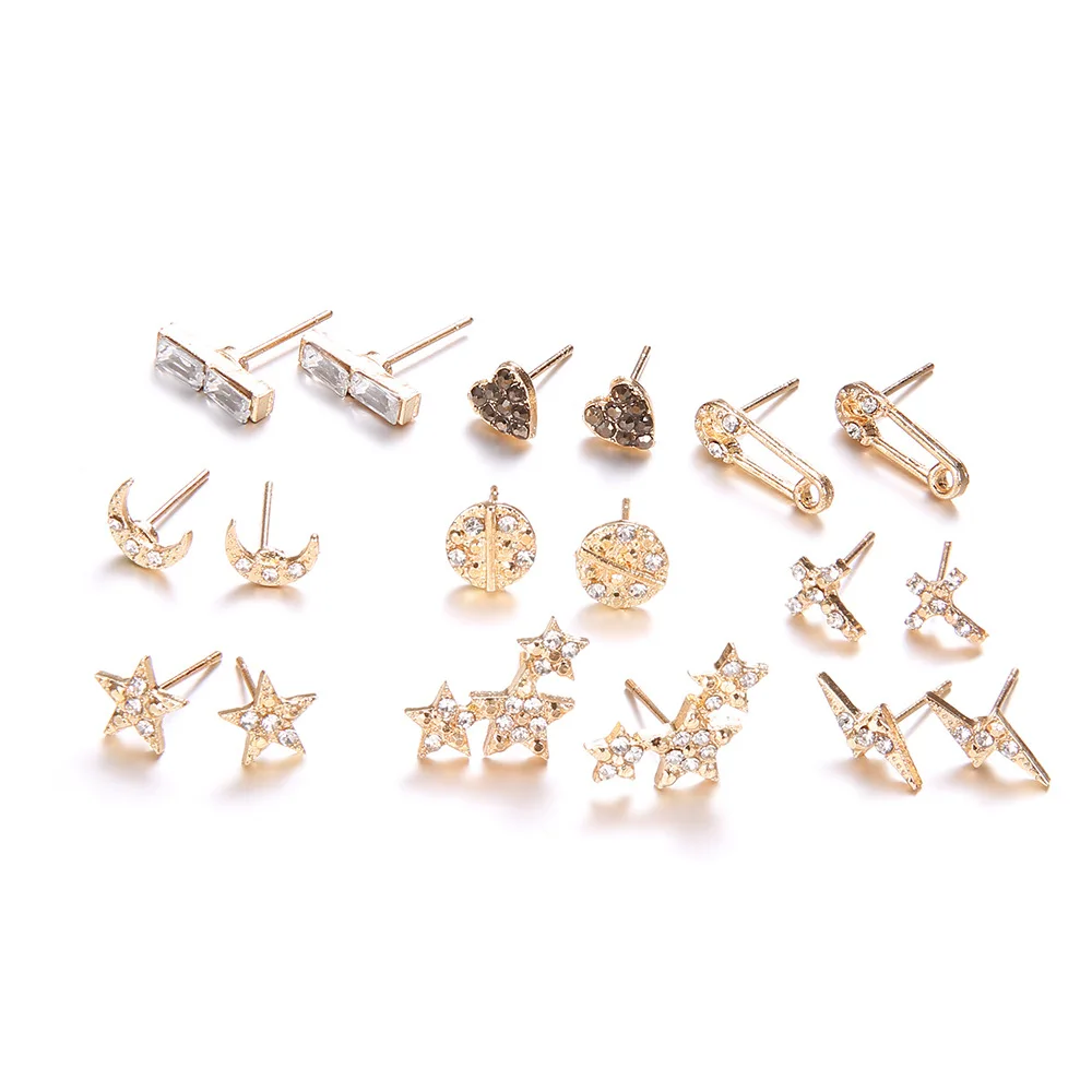 

European and American cross-border new jewelry simple heart Star Moon cross 9-piece set of earrings cute earrings for women