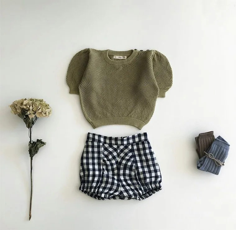 

Ins2021SP Girls Short Sleeve Sweater Top Baby Summer Hollow Puff Sleeve Sweater