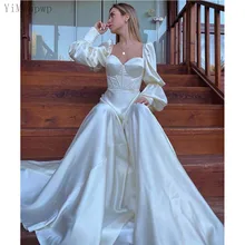Yiminpwp marfim vestidos de baile doce coração puff manga trem varredura cetim como seda formal feminino vestido de festa à noite (4)