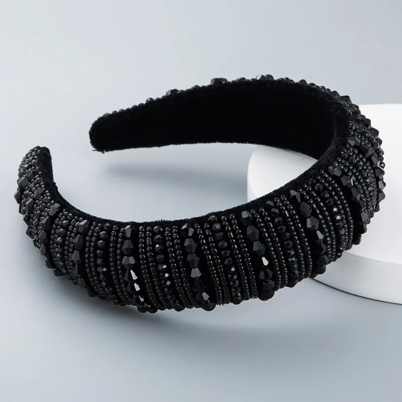 Punk Black Crystal Beads Wide Headbands Chic Silk Hairbands For Women Za Style Vintage Headband Fashion Bezel Party Hair Bands