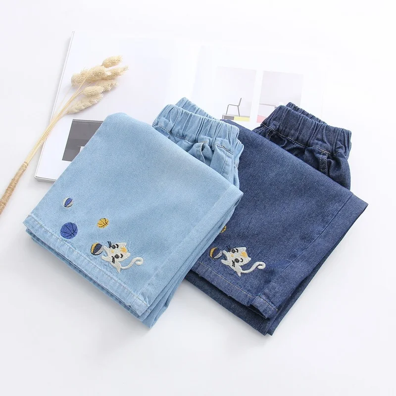 

Yatamoniri Japanese Summer Girl Kawaii Cat Embroidery Denim Pants Women Elastic High Waist Loose Jeans Students Wide Leg Trouser