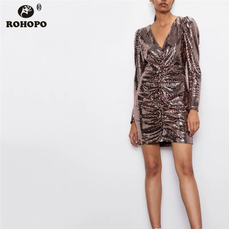 ROHOPO вечерние мини-платья с длинным рукавом металлического цвета блестками