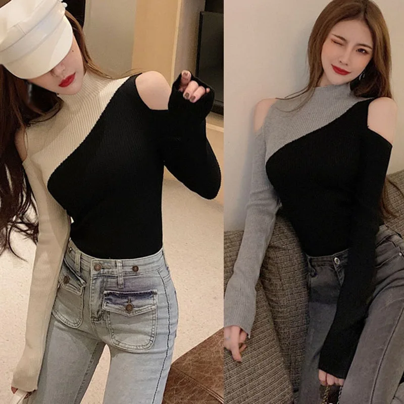

Autumn Winter Off-shoulder Long Sleeve Slim Sweaters Women Fashion High Collar Contrast Color Knitted Bottoming Tops Pullover