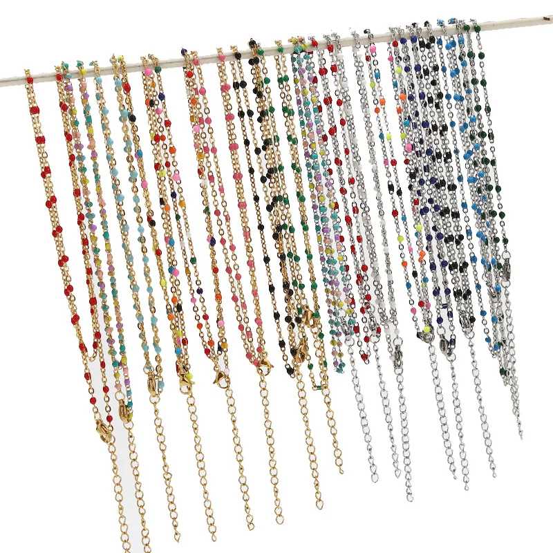 

10pcs/lot Stainless Steel Gold Plated 2mm Width Choker Necklace Enamel Satellite Beaded Cable Ball Chain 45+5cm Extend Necklaces
