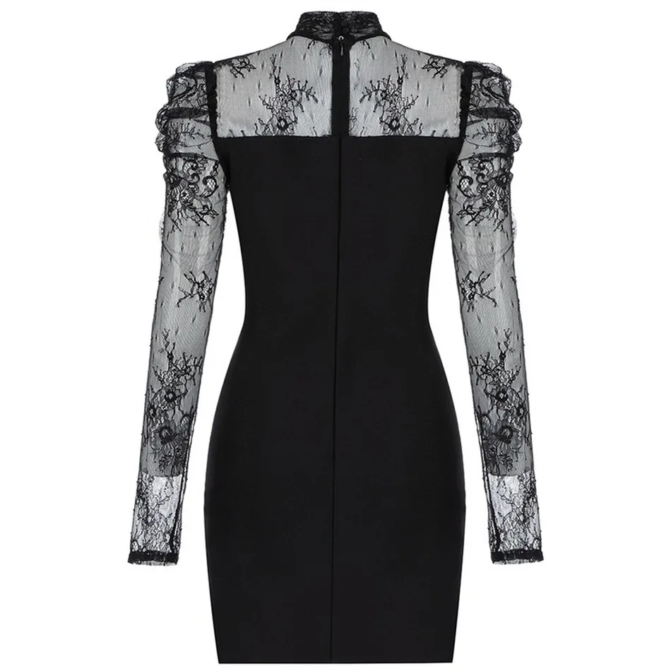 

2020 New Women'S Sexy Hollow Lace O-Neck Embroidery Long Sleeve Dress Mini Bandage Dress Party Dress