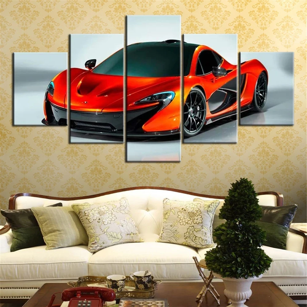 

Canvas Wall Art 5 Piece Paintings Orange Super Sports Car Modular Posters Picture Home Decor Prints Modern Living Decoration