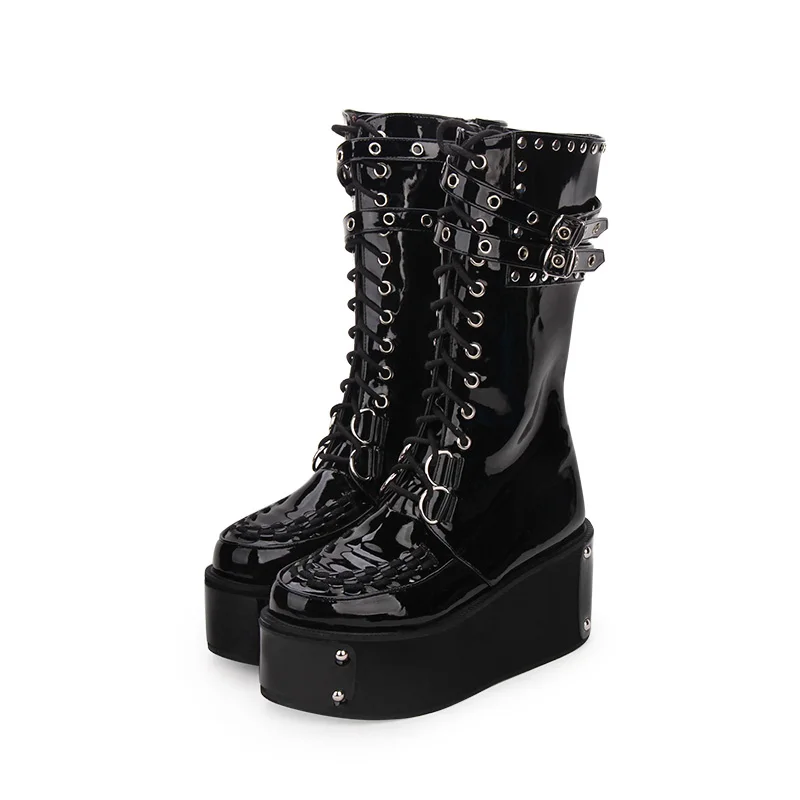 Bright black Prova Perfetto из натуральной кожи, с круглым носком, в стиле панк сапоги нимфетки сапоги до колена со шнуровкой и Высокие сапоги в стиле Лолиты, до середины голени; красивые резиновые сапоги из высокая платформа сапоги с застежкой - Цвет: Bright black
