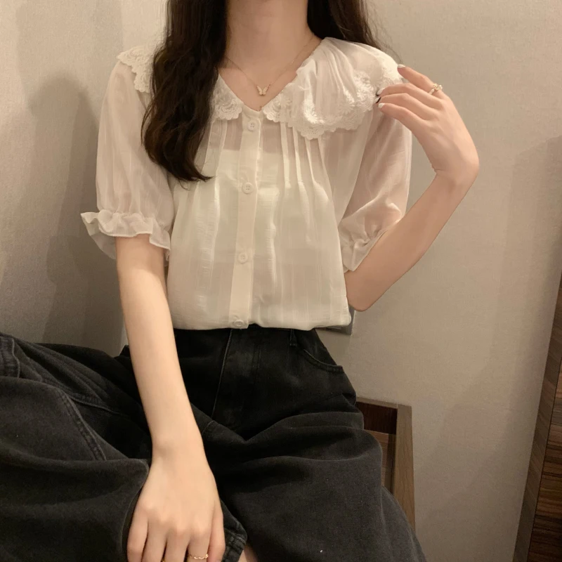 

COIGARSAM Fashion Short Sleeve blouse women Lace Chiffon blusas womens tops and blouses White Apricot Snow Spins 1559