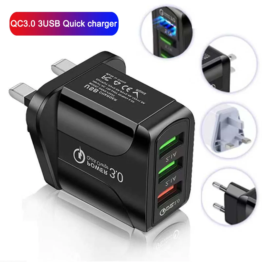 Зарядное устройство QC 3 0 с 3USB портами и вилкой Стандарта EU/US/UK быстрое зарядное