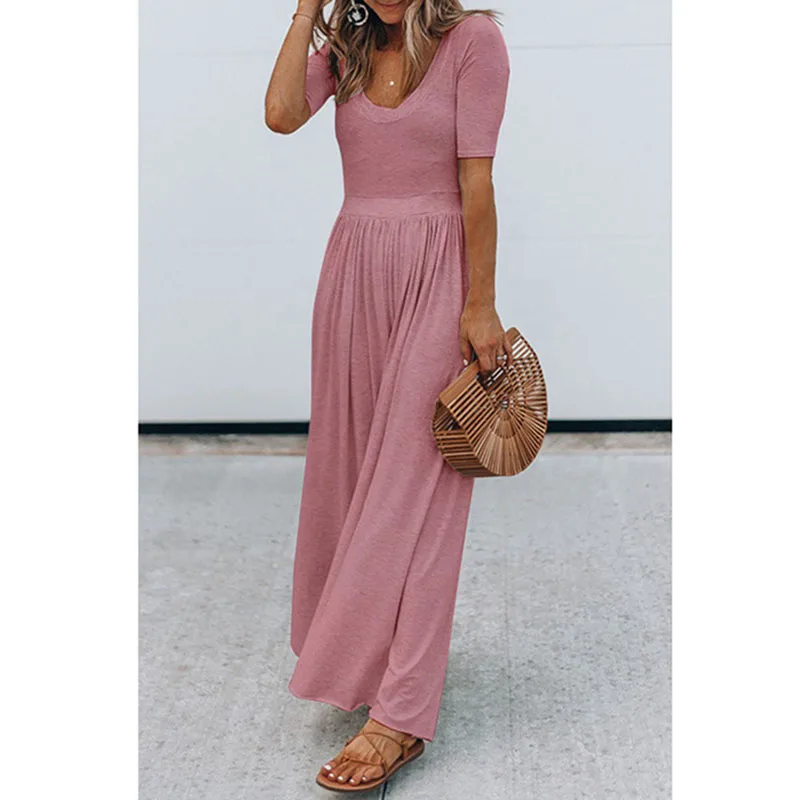 

Summer Female Short Sleeves Solid High Waist Flare Maxi Dress Women Low Neck Casual Lady Long Jumpsuits