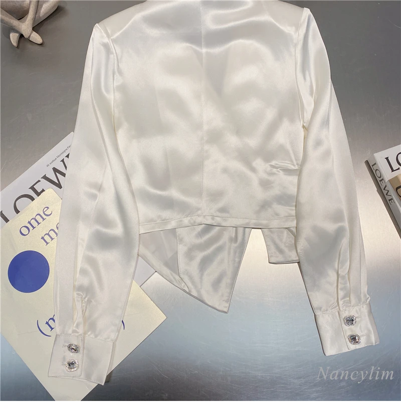 

Summer Cropped Blouse for Women 2021 New Slimming Rhinestone Bouttons Irregular Sun Protection Long Sleeve Satin Shirt Blusas