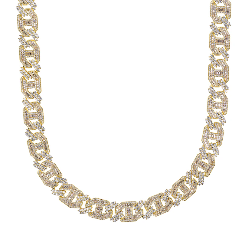 Hip Hop 15MM Heavy Miami Baguette Zircon Iced Out Cuban Link Necklace AAA CZ Prong Setting Necklaces Hip Hop Jewelry 18'' 24''